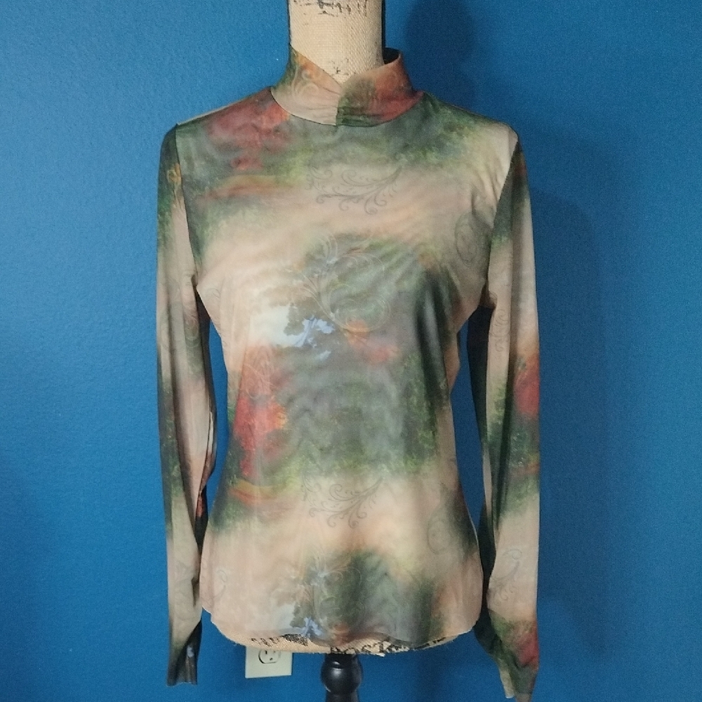 RACHEL Rachel Roy Green and Cream Fitted Long Sleeve Sheer Blouse